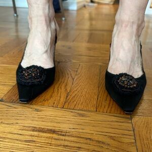 Prada Black Satin Slingbacks with Beaded Flower. Size 39. Made in Italy